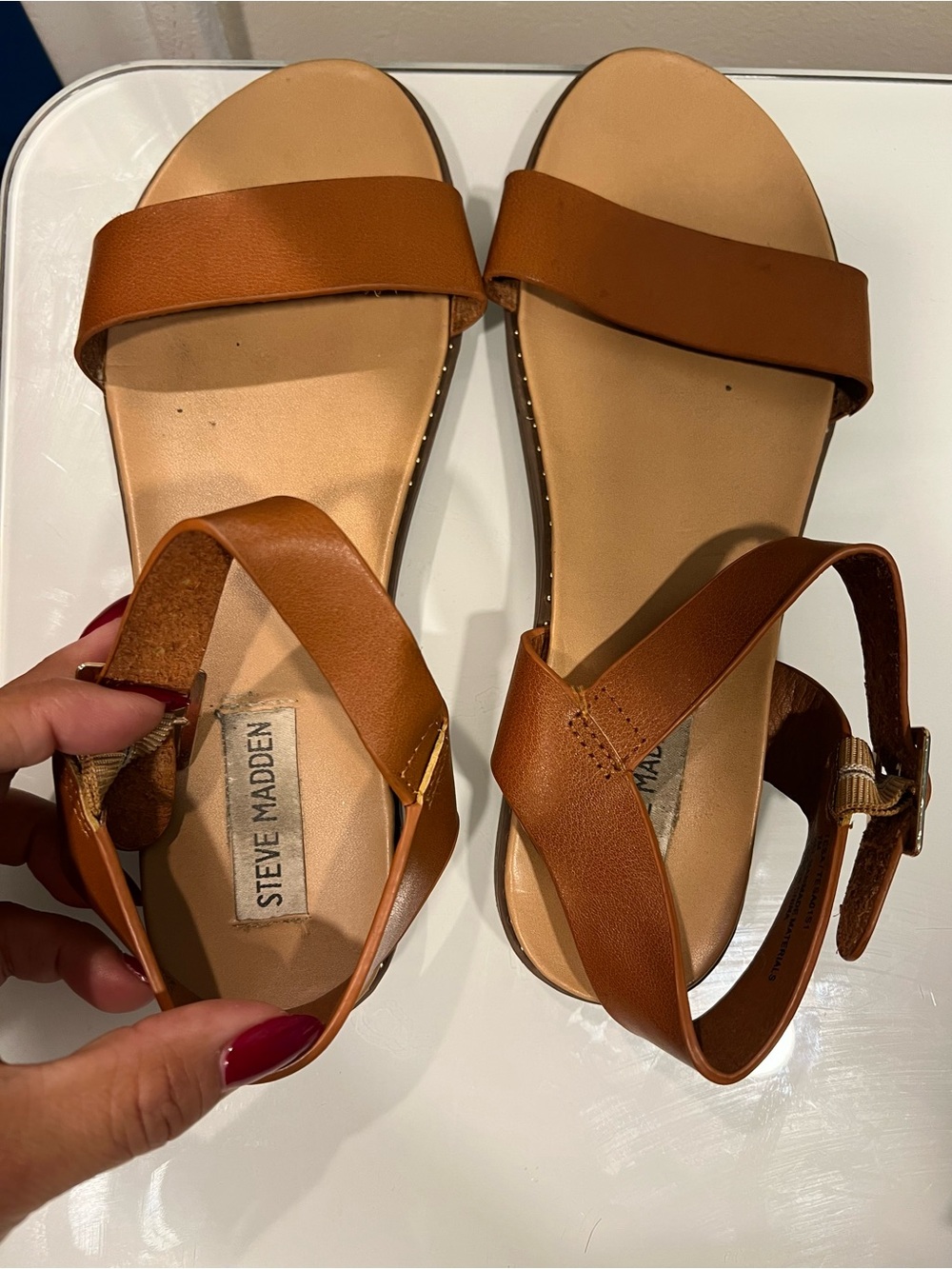 Steve Madden Cognac Tan Leather Flat Ankle-Strap Sandals